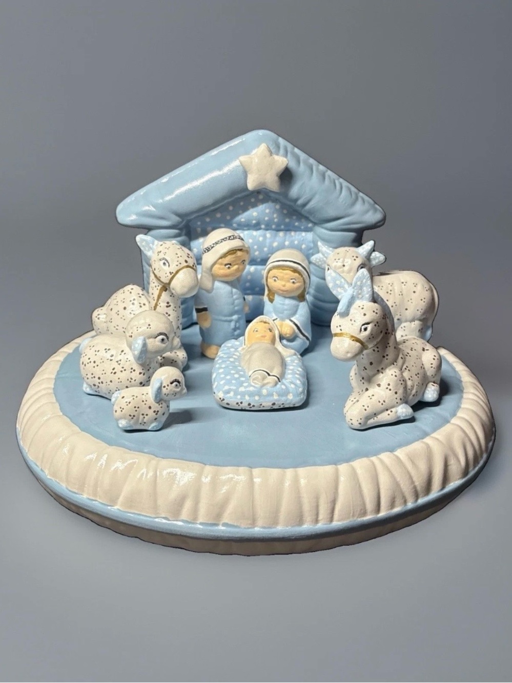 Vintage Kimple Hand Painted Quilted Ceramic Puffy 10 Pcs Christmas Nativity Set